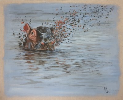Hippopotame - Acrylique sur lin brut - 40 x 40 cm - Marie-Joëlle Cédat artiste animalier peinture animalière peintre animalier