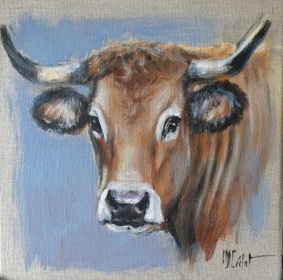 Vache aubrac Acrylique sur lin brut - 40 x 40 cm - Marie-Joëlle Cédat artiste animalier peinture animalière peintre animalier