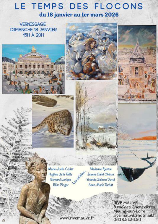 affiche de l'exposition d'art dans la neige à la galerie d'art Rive mauve par Marie Joelle Cédat artiste animalier