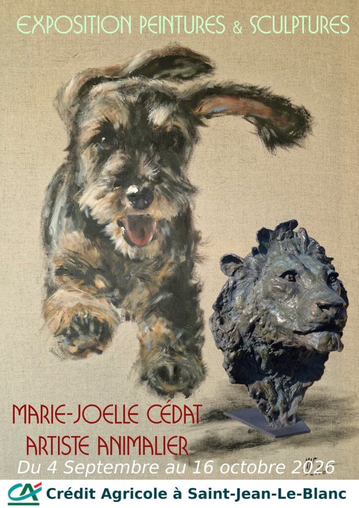affiche expo teckel qui court et sculoture lion marie joelle cedat artiste animalier